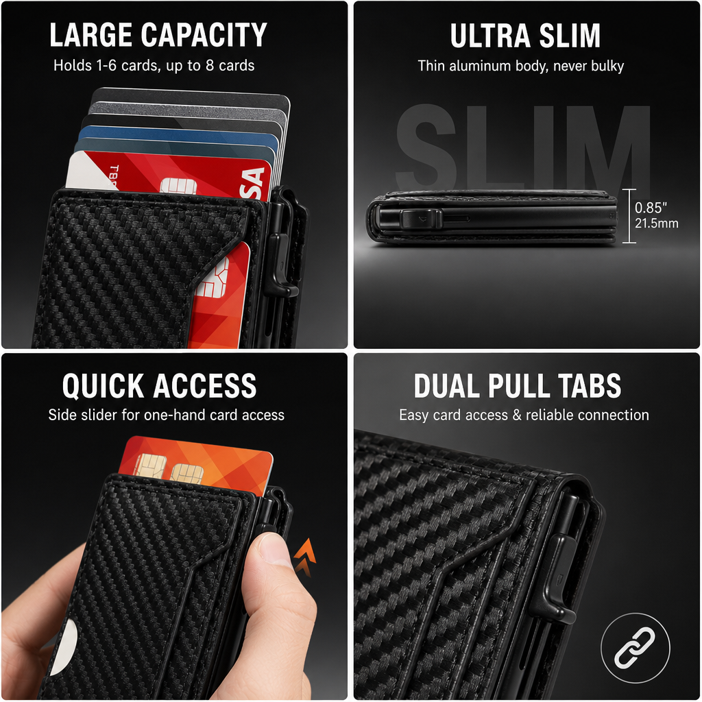 Slim RFID Wallet for Men – Pop-Up Card Holder with Money Clip & Dual ID Windows