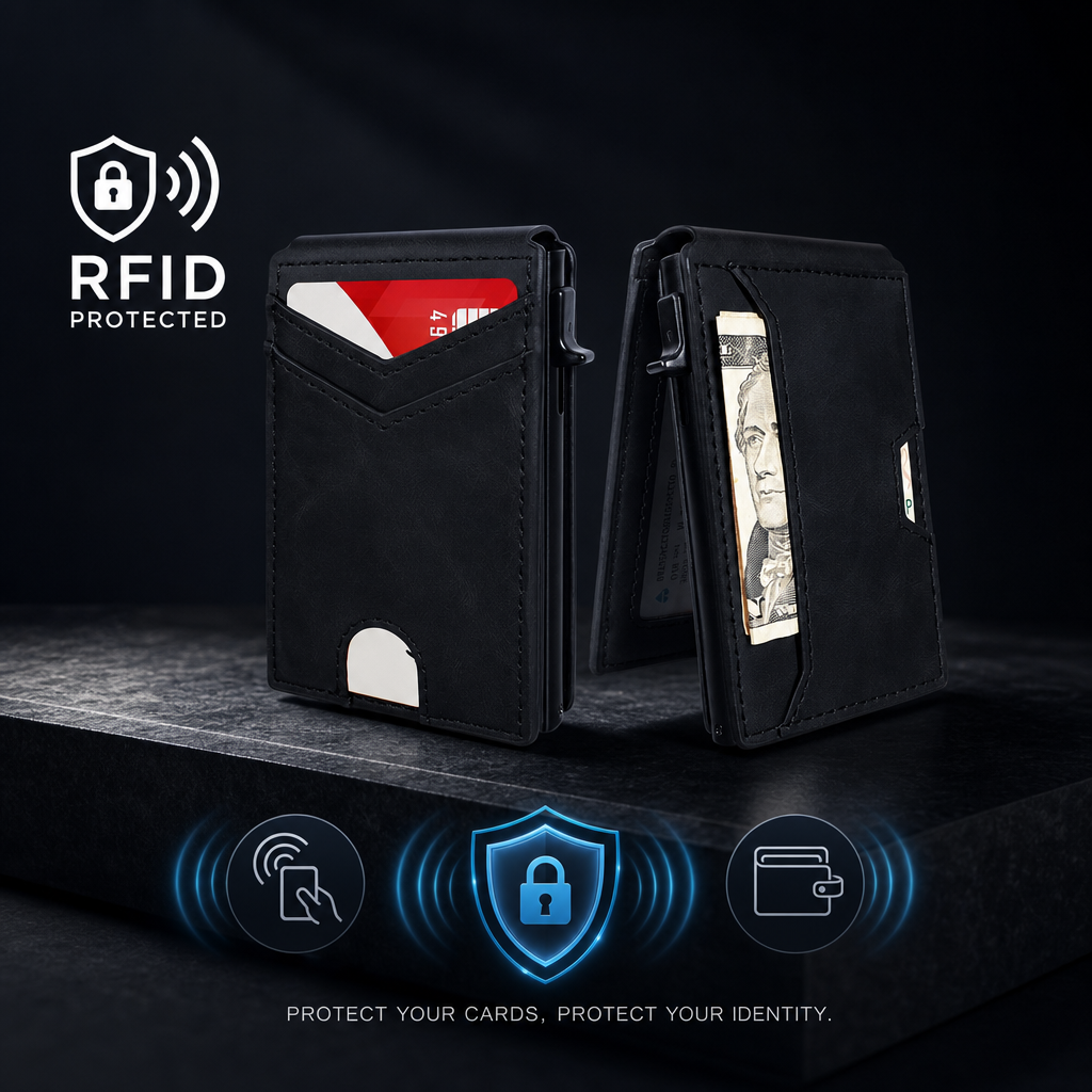 Slim RFID Wallet for Men – Pop-Up Card Holder with Money Clip & Dual ID Windows